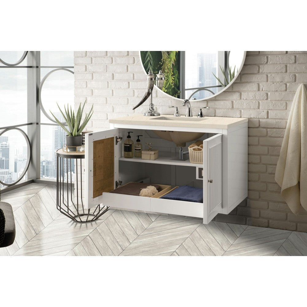 Athens 36" Single Vanity Cabinet, Glossy White, w/ 3 CM Eternal Marfil Top