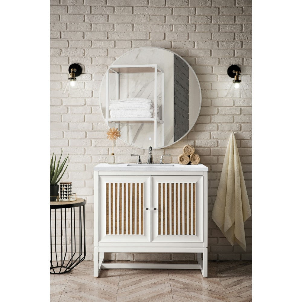 Athens 36" Single Vanity, Glossy White, w/ 3 CM Arctic Fall Solid Surface Top
