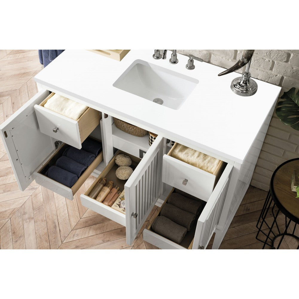 Athens 48" Single Vanity Cabinet, Glossy White, w/ 3 CM Classic White Quartz Top