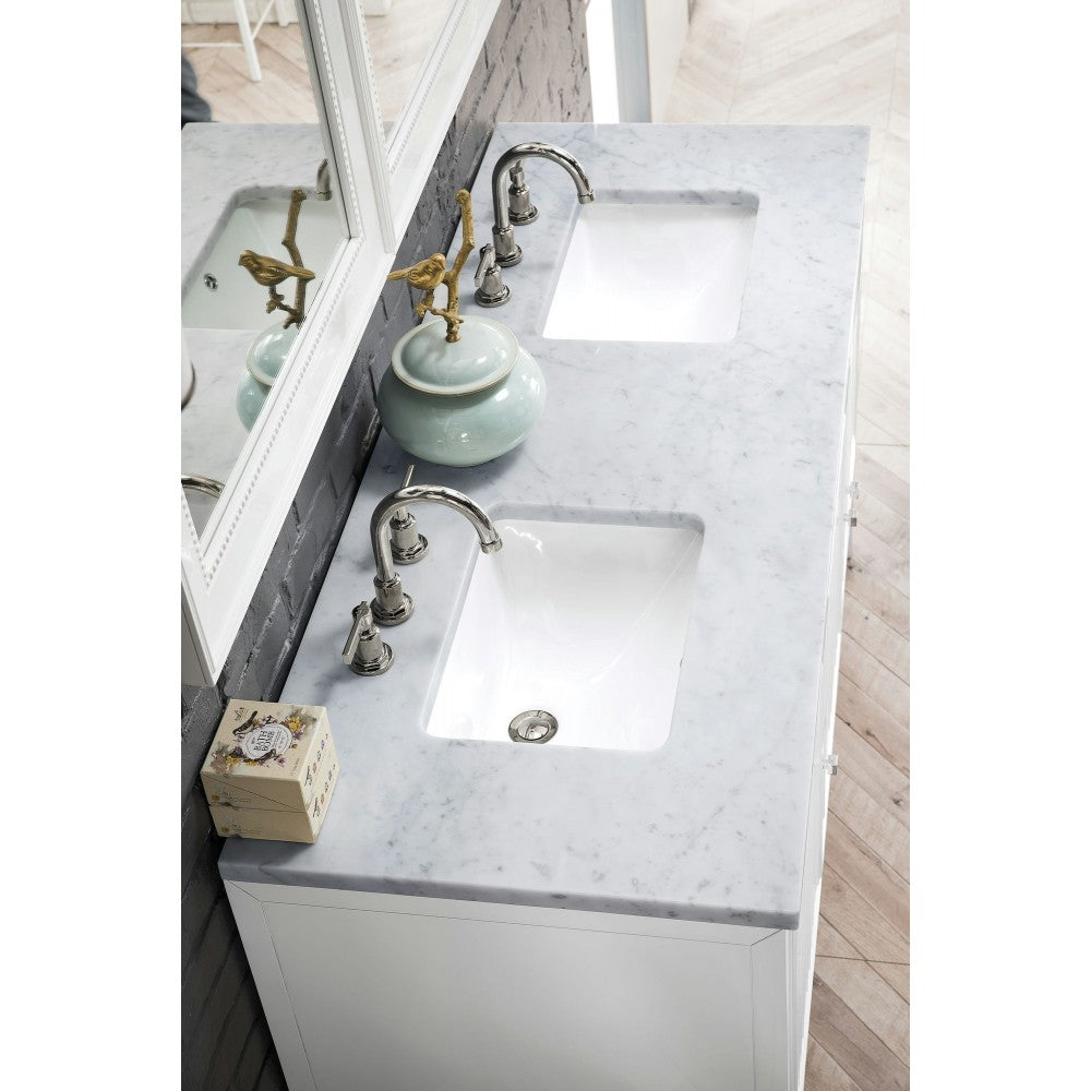 Athens 60" Double Vanity Cabinet, Glossy White, w/ 3 CM Carrara White Top