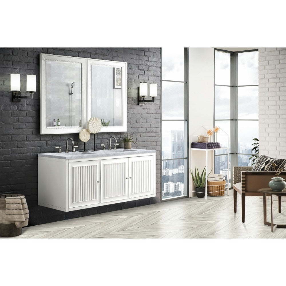 Athens 60" Double Vanity Cabinet, Glossy White, w/ 3 CM Carrara White Top