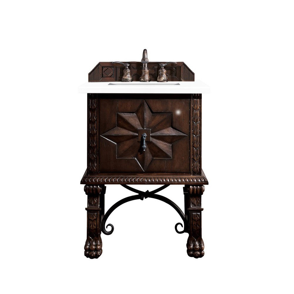 Balmoral 26" Single Vanity, Antique Walnut, w/ 3 CM Classic White Quartz Top