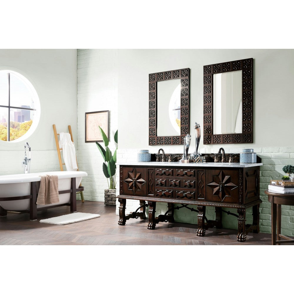 Balmoral 72" Antique Walnut Double Vanity w/ 3 CM Carrara Marble Top