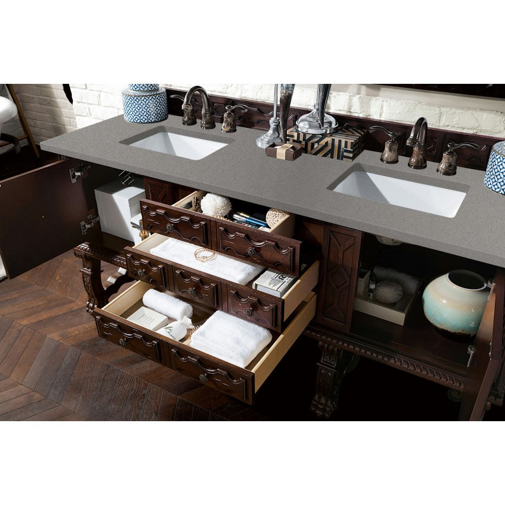 Balmoral 72" Double Vanity Cabinet, Antique Walnut, w/ 3 CM Gray Expo Quartz Top