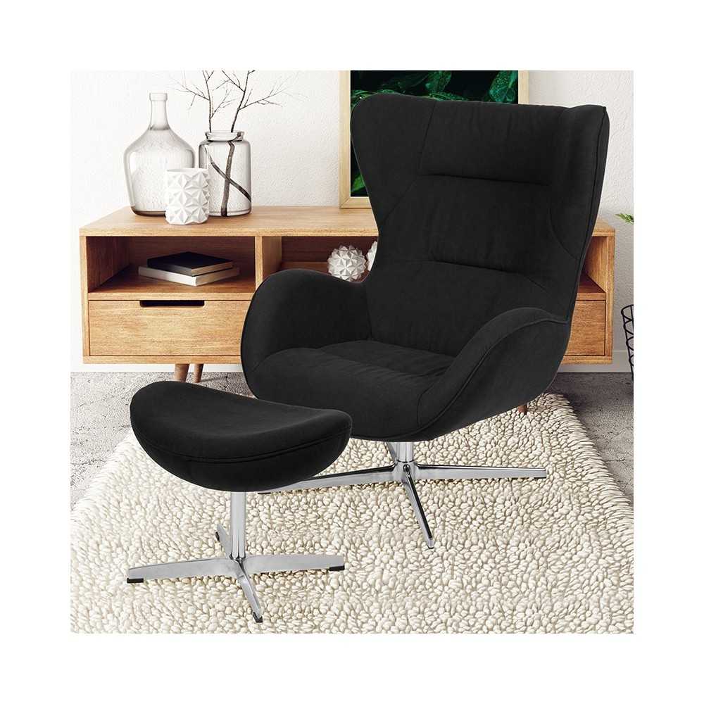 Black Fabric Swivel Wing Chair and Ottoman Set