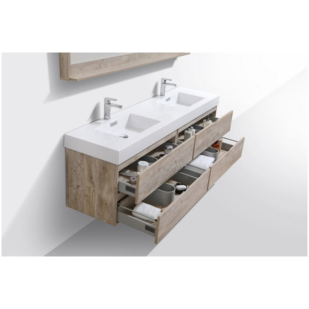 Bliss 72" Double Sink Nature Wood Wall Mount Modern Bathroom Vanity