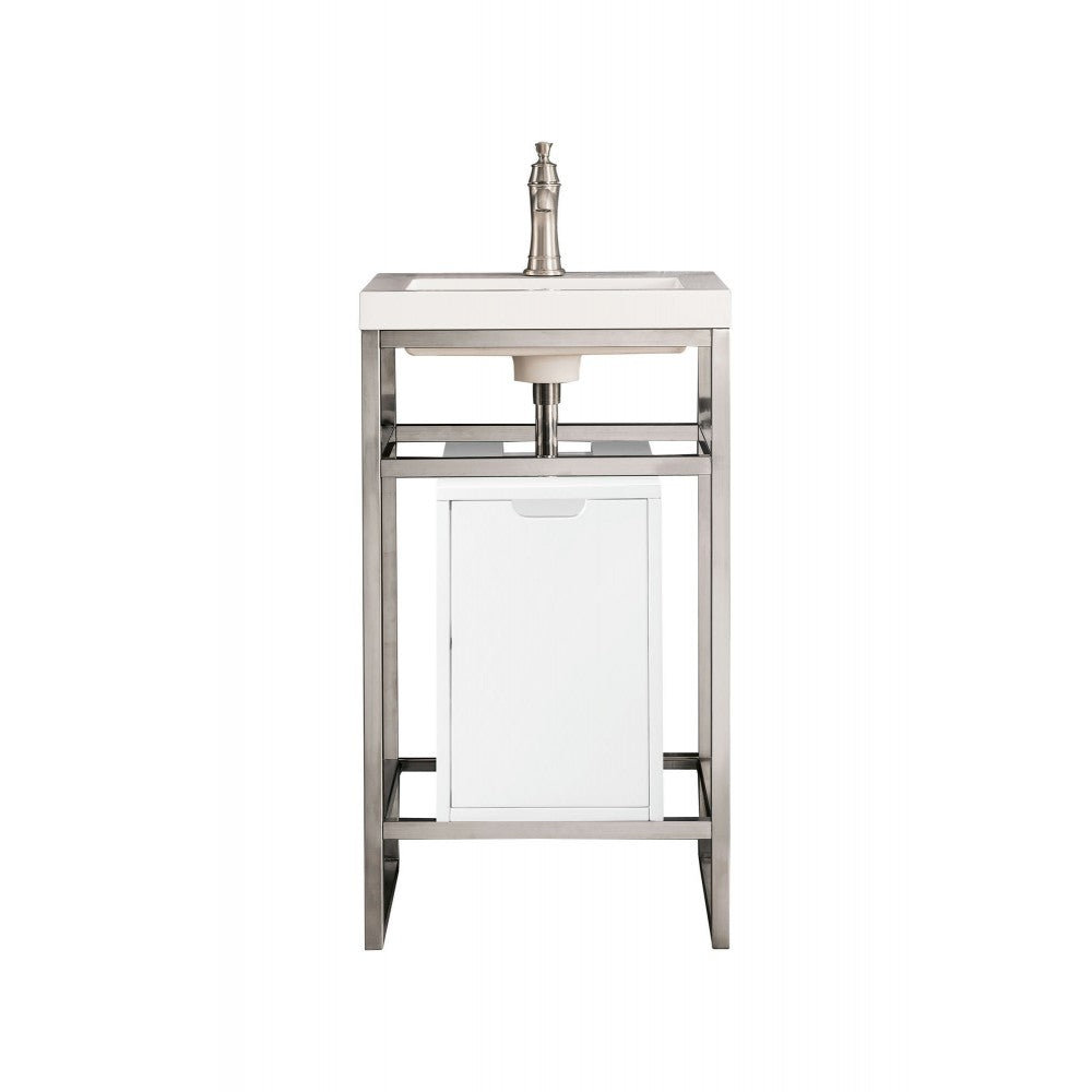 Boston 20" Sink Console Nickel w/ White Storage Cabinet White Composite Top