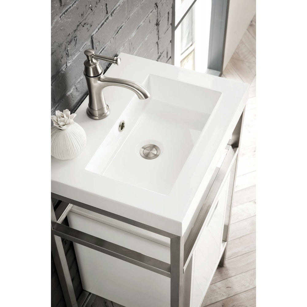 Boston 20" Sink Console Nickel w/ White Storage Cabinet White Composite Top