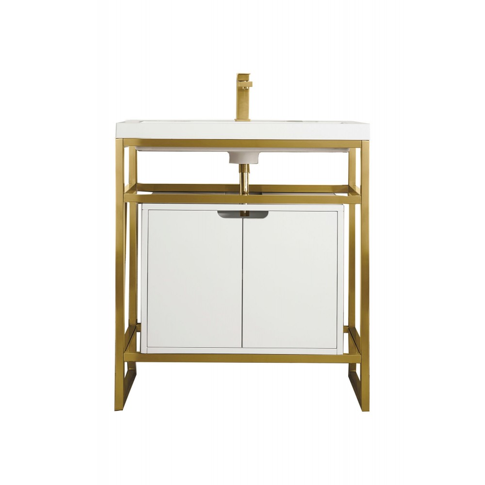 Boston 31.5" Sink Console Gold w/ White Storage Cabinet White Composite Top
