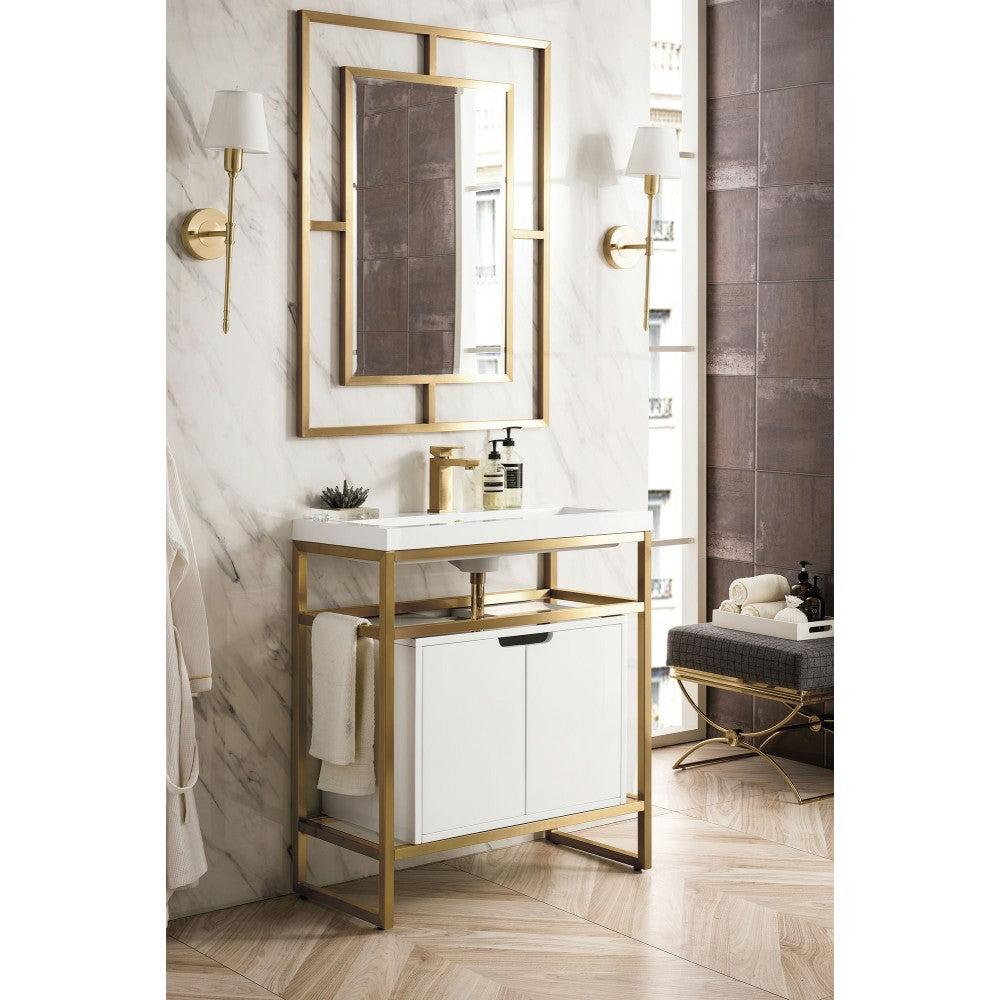 Boston 31.5" Sink Console Gold w/ White Storage Cabinet White Composite Top