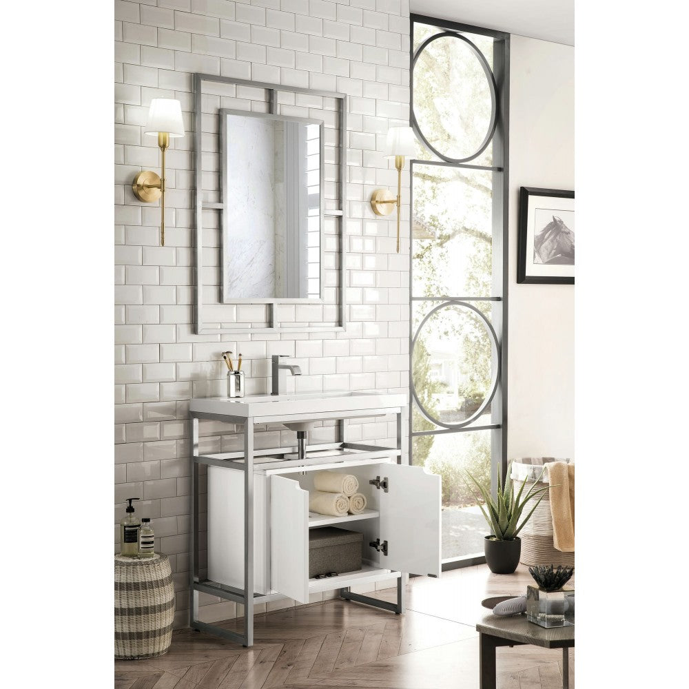 Boston 31.5" Sink Console Nickel w/ White Storage Cabinet White Composite Top