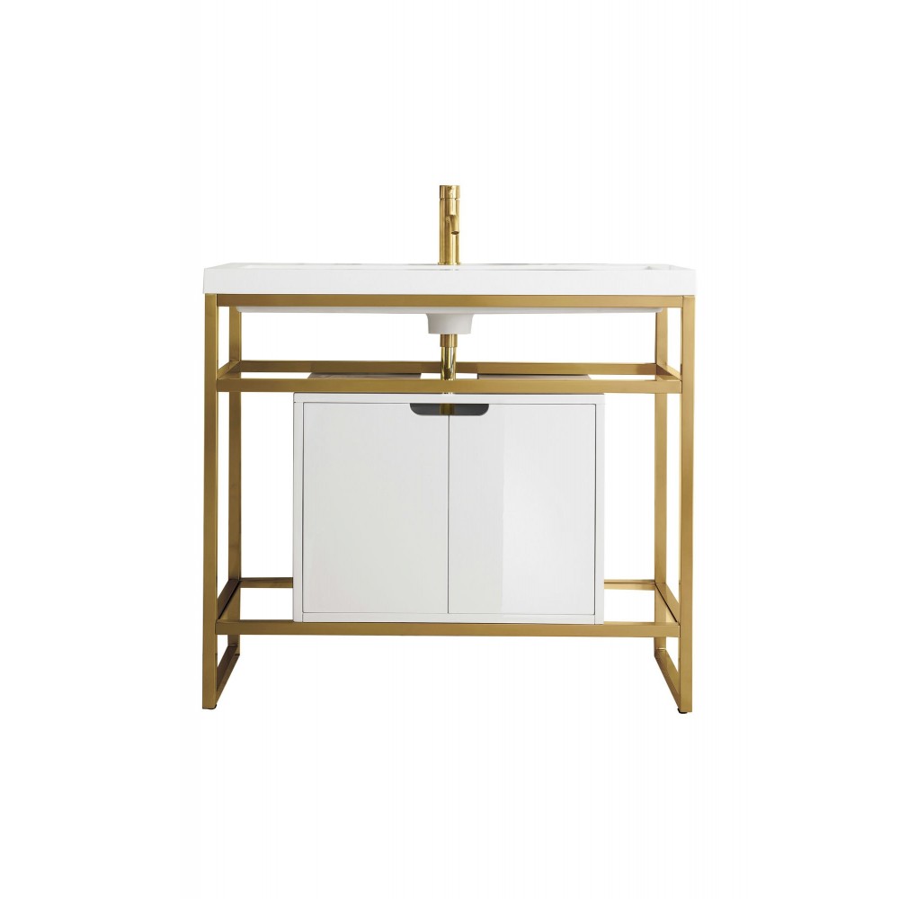 Boston 39.5" Sink Console Gold w/ White Storage Cabinet White Composite Top