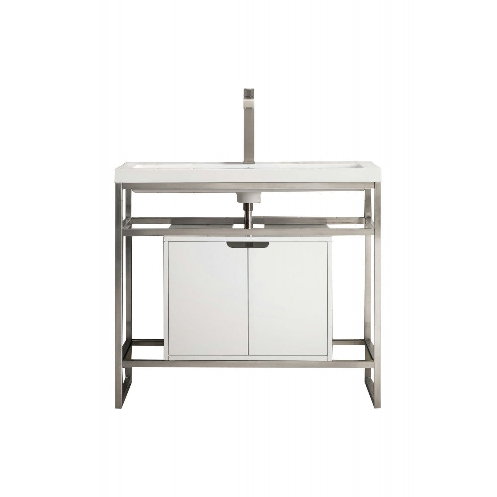 Boston 39.5" Sink Console Nickel w/ White Storage Cabinet White Composite Top