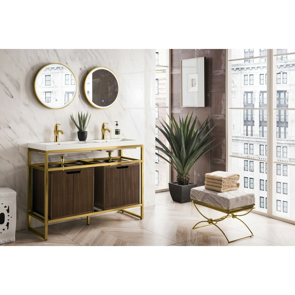 Boston 47" Sink Console Radiant Gold, Walnut Storage Cabinet White Composite Top