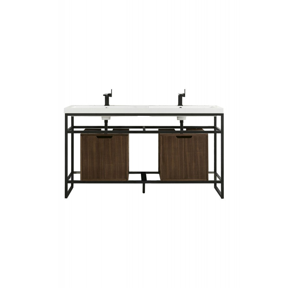 Boston 63" Sink Console Black w/Mid Century Storage Cabinet White Composite Top