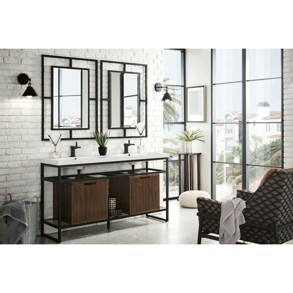 Boston 63" Sink Console Black w/Mid Century Storage Cabinet White Composite Top