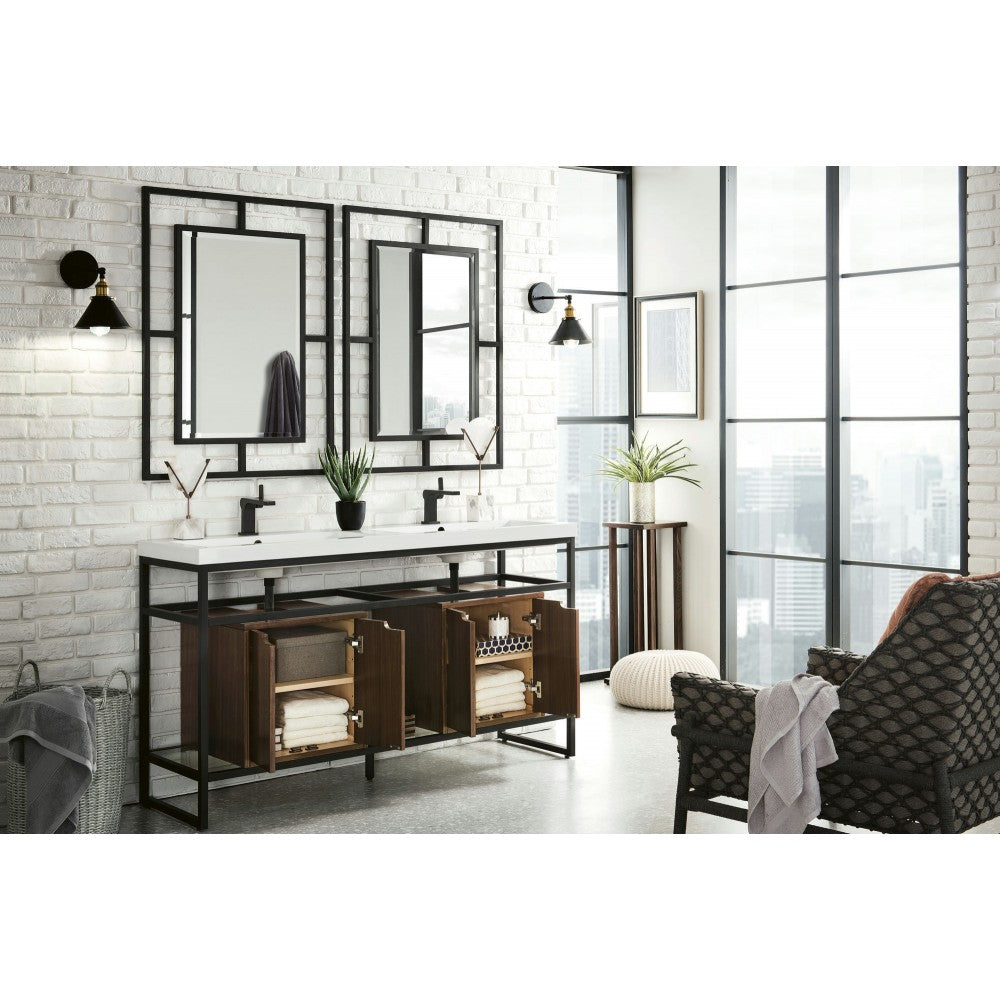 Boston 63" Sink Console Black w/Mid Century Storage Cabinet White Composite Top