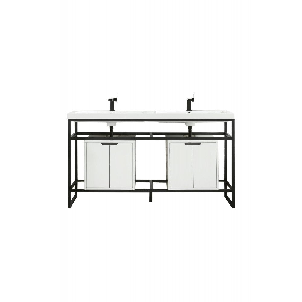 Boston 63" Sink Console Black w/ White Storage Cabinet White Composite Top