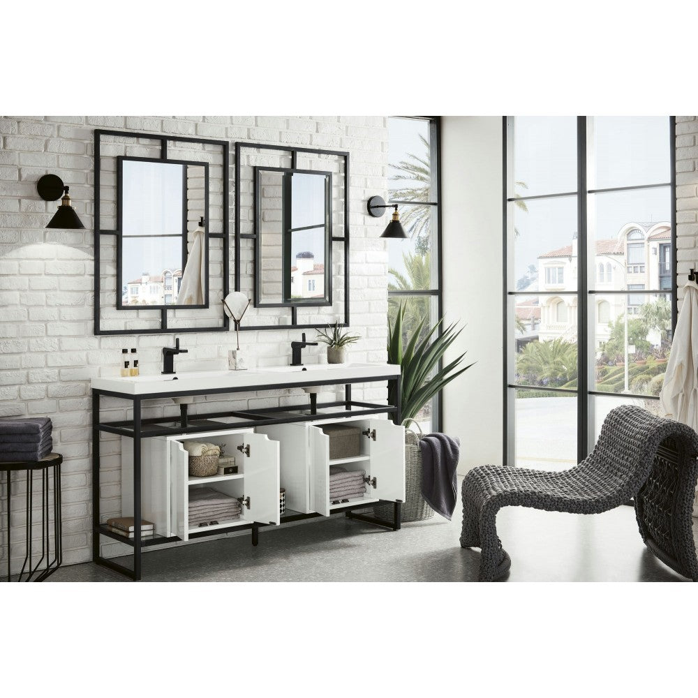 Boston 63" Sink Console Black w/ White Storage Cabinet White Composite Top