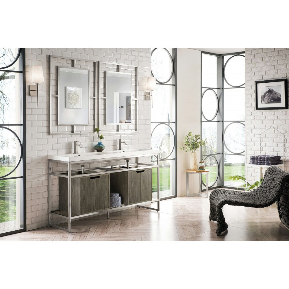 Boston 63" Sink Console Nickel w/Ash Gray Storage Cabinet White Composite Top