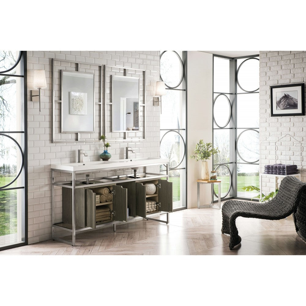 Boston 63" Sink Console Nickel w/Ash Gray Storage Cabinet White Composite Top