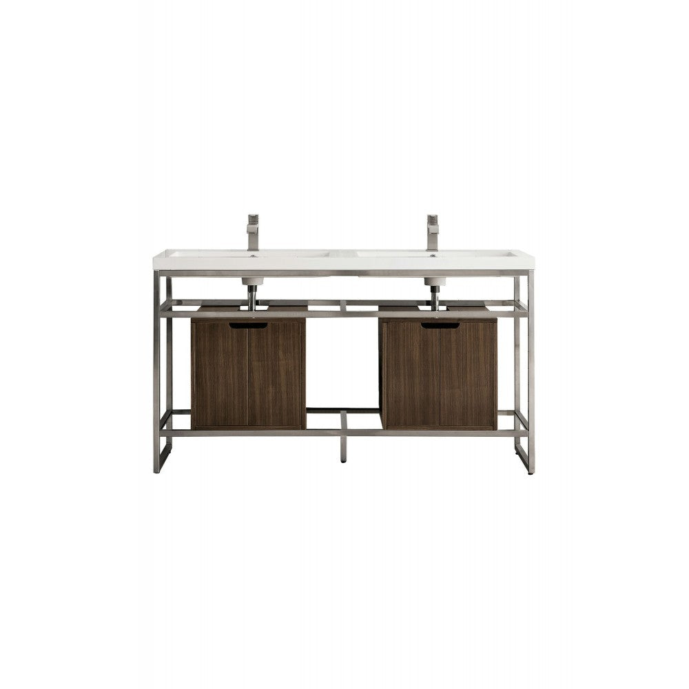 Boston 63" Sink Console Nickel w/Mid Century Storage Cabinet White Composite Top