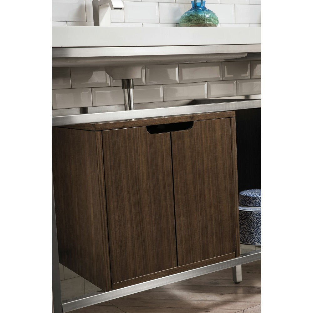 Boston 63" Sink Console Nickel w/Mid Century Storage Cabinet White Composite Top