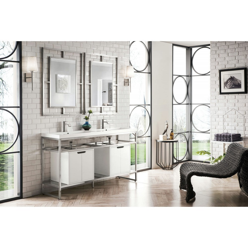 Boston 63" Sink Console Nickel w/ White Storage Cabinet White Composite Top