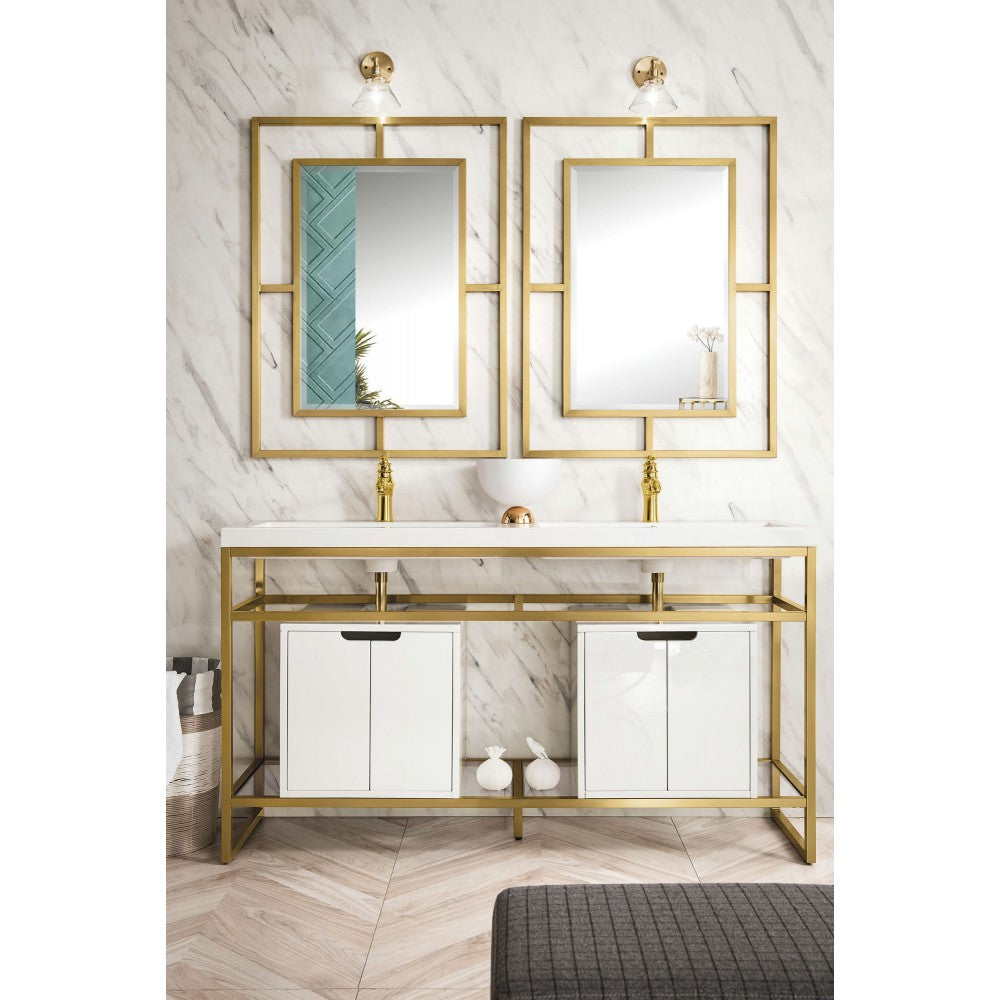Boston 63" Sink Console Radiant Gold, White Storage Cabinet White Composite Top