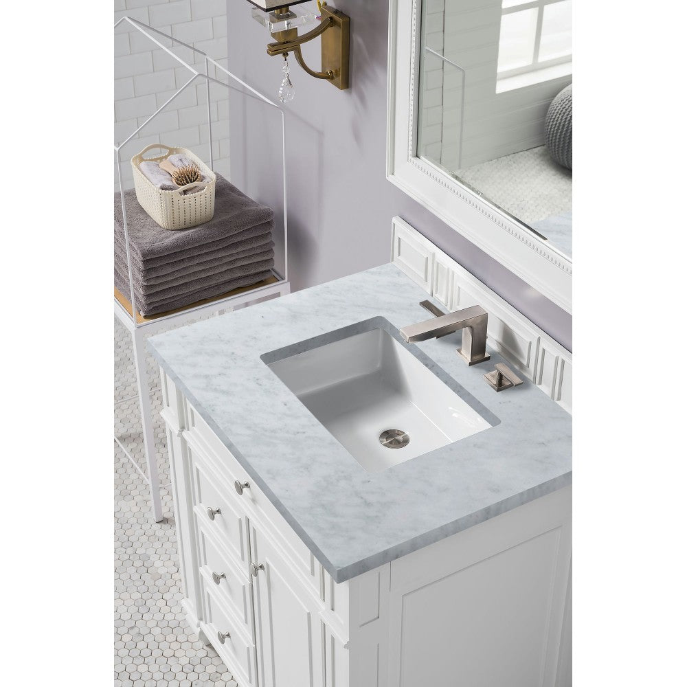 Bristol 30" Single Vanity, Bright White, w/ 3 CM Carrara Marble Top