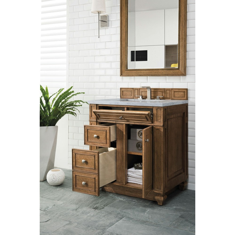 Bristol 30" Single Vanity, Saddle Brown, w/ 3 CM Carrara Marble Top