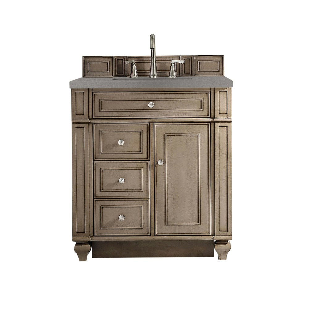 Bristol 30" Single Vanity, Whitewashed Walnut, w/ 3 CM Gray Expo Quartz Top