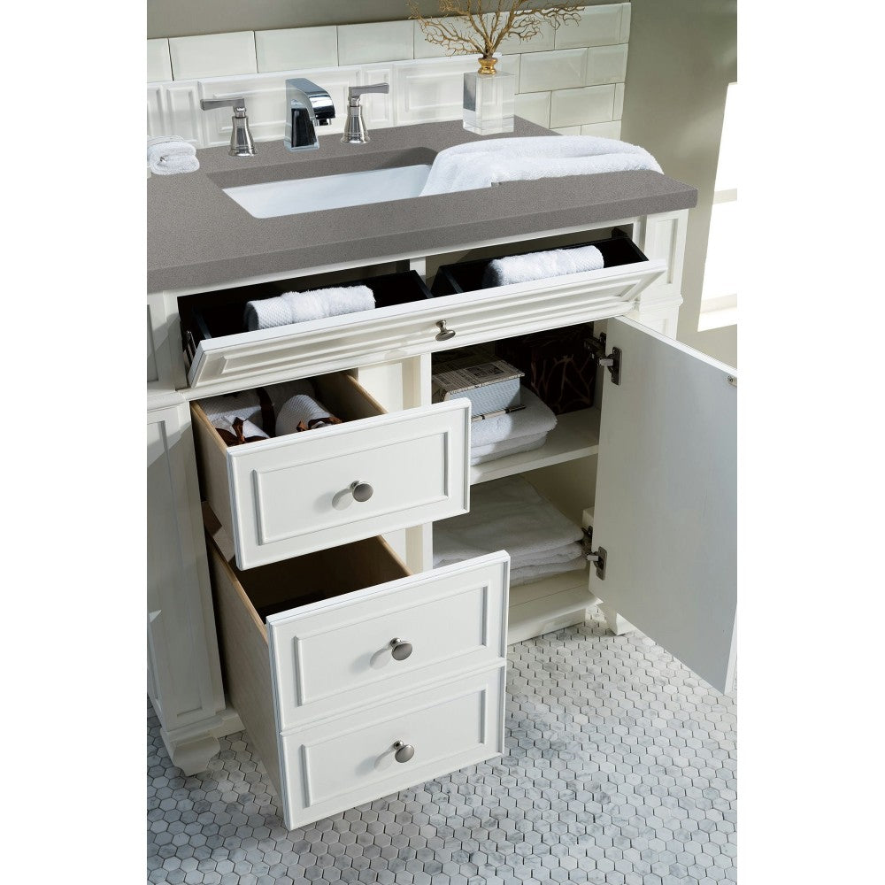 Bristol 36" Single Vanity, Bright White, w/ 3 CM Gray Expo Quartz Top