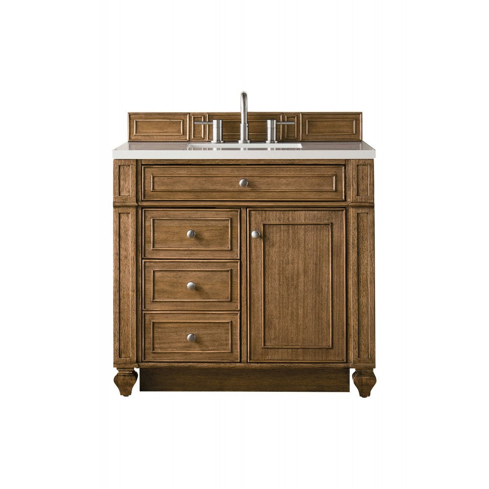 Bristol 36" Single Vanity, Saddle Brown, w/ 3 CM Classic White Quartz Top
