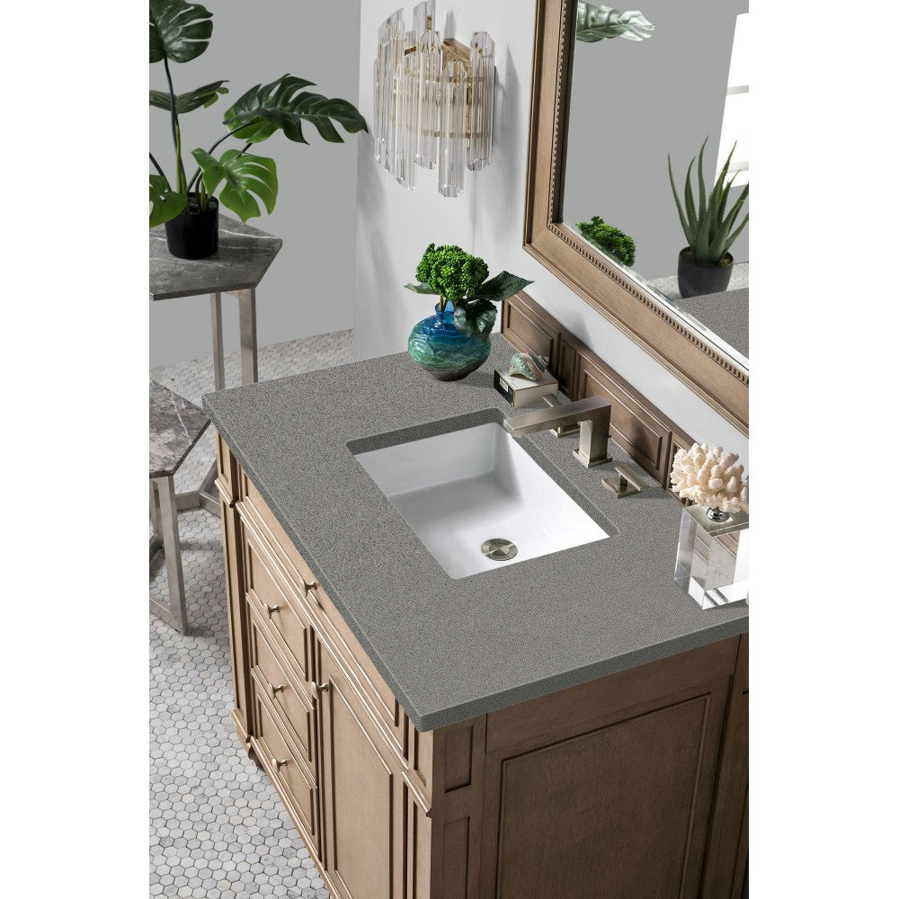 Bristol 36" Single Vanity, Whitewashed Walnut, w/ 3 CM Gray Expo Quartz Top