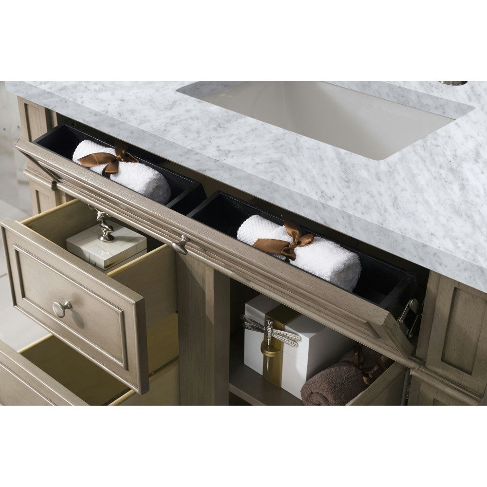 Bristol 36" Single Vanity, Whitewashed Walnut, w/ 3 CM Carrara Marble Top