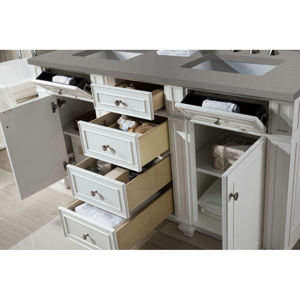 Bristol 60" Double Vanity, Bright White, w/ 3 CM Gray Expo Quartz Top