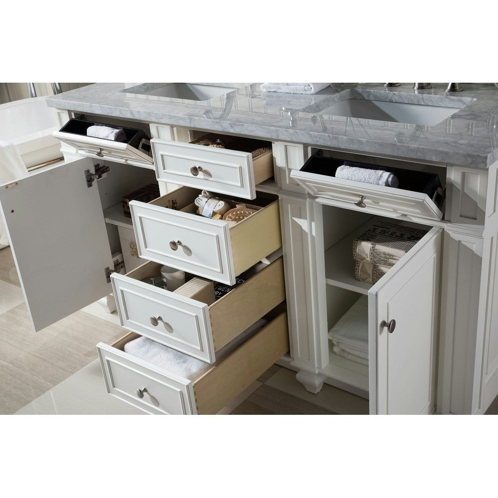 Bristol 60" Double Vanity, Bright White, w/ 3 CM Carrara Marble Top