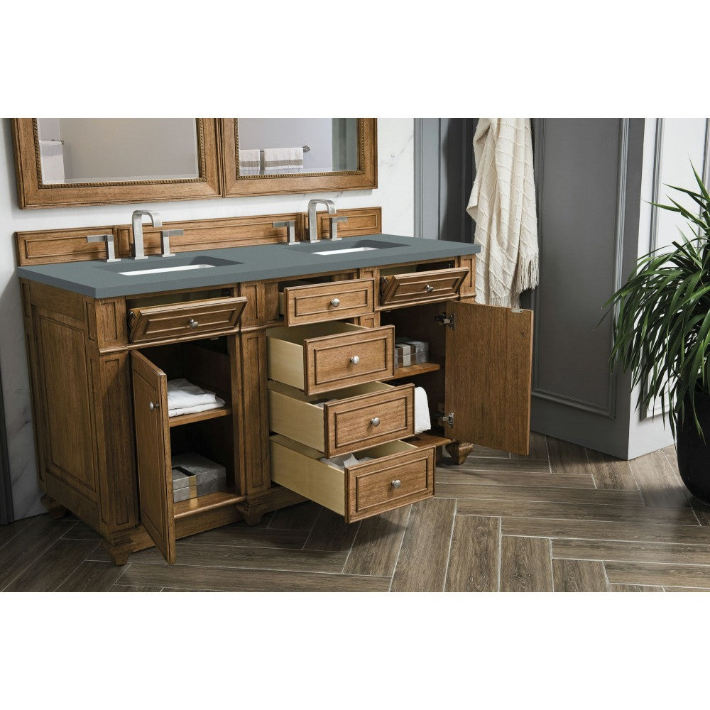 Bristol 60" Double Vanity, Saddle Brown, w/ 3 CM Cala Blue Quartz Top