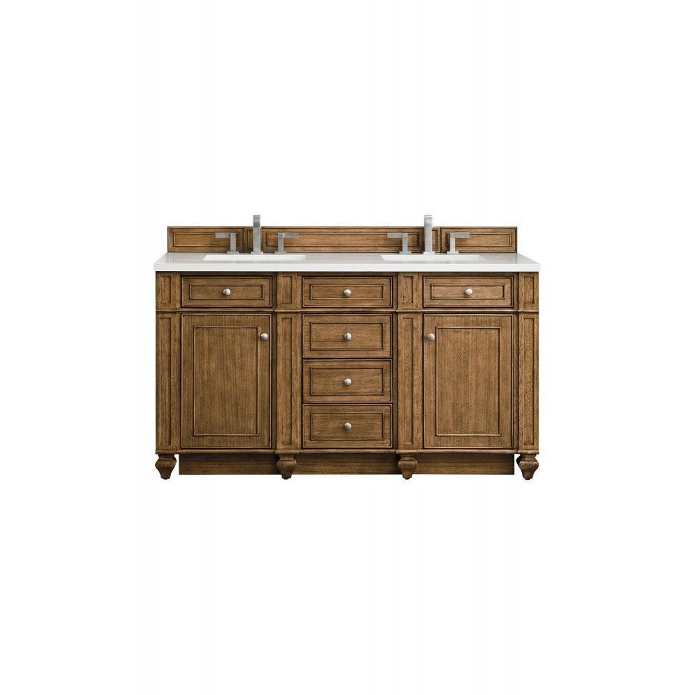 Bristol 60" Double Vanity, Saddle Brown, w/ 3 CM Classic White Quartz Top