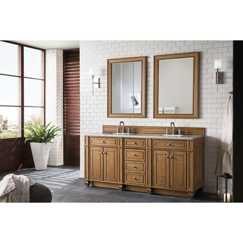 Bristol 72" Double Vanity, Saddle Brown, w/ 3 CM Carrara Marble Top