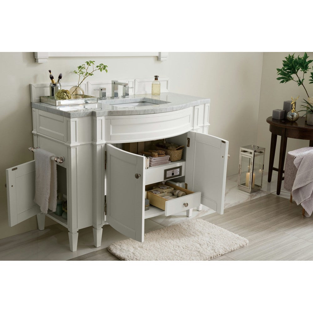 Brittany 46" Single Vanity, Bright White w/ 3 CM Carrara Marble Top