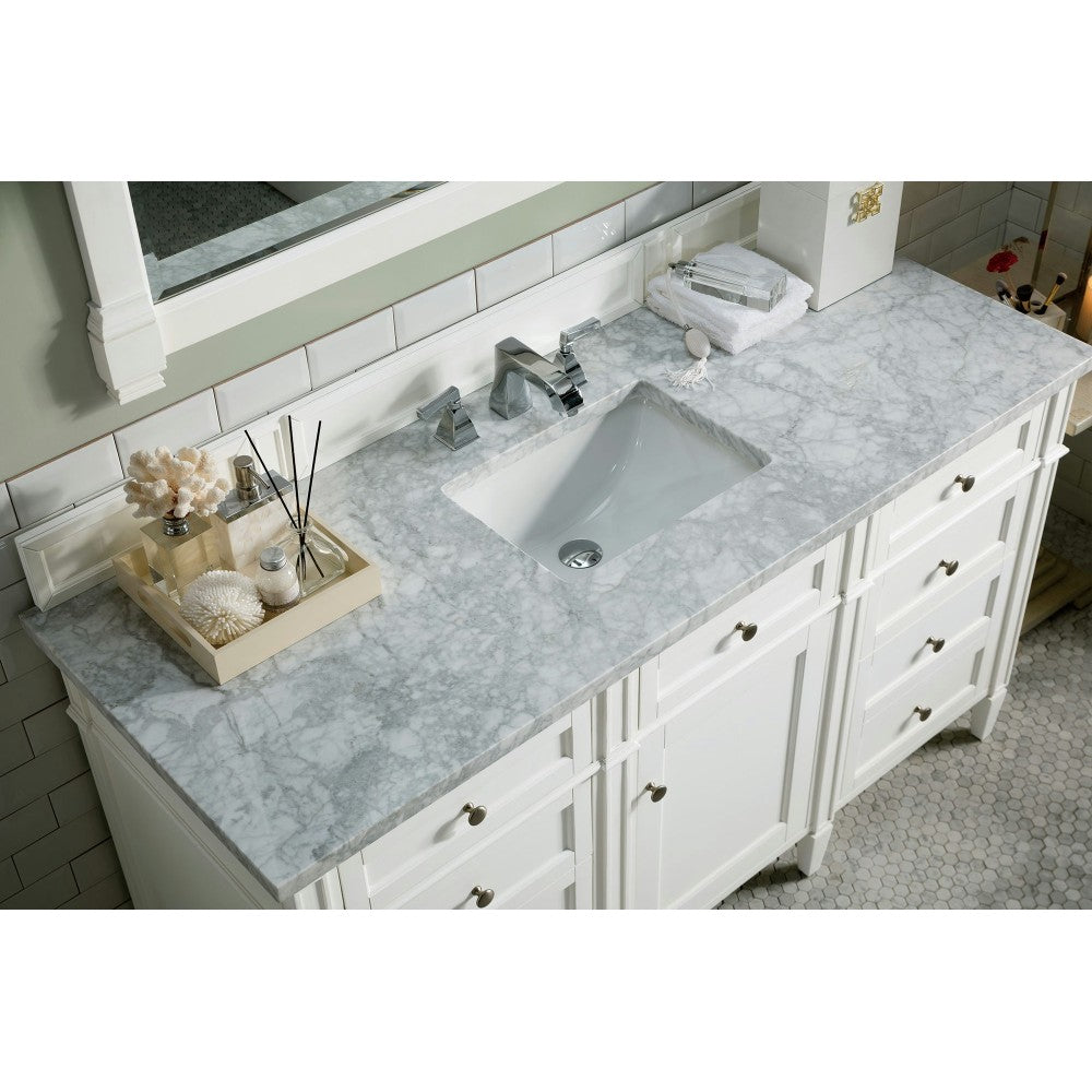 Brittany 60" Bright White Single Vanity w/ 3 CM Carrara Marble Top