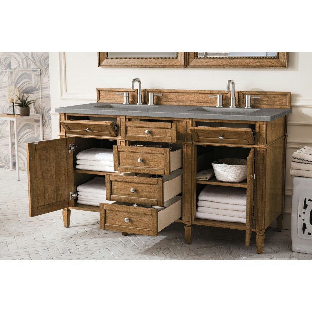 Brittany 60" Saddle Brown Double Vanity w/ 3 CM Gray Expo Quartz Top