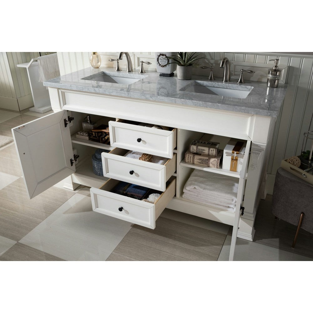 Brookfield 60" Double Vanity, Bright White w/ 3 CM Carrara Marble Top