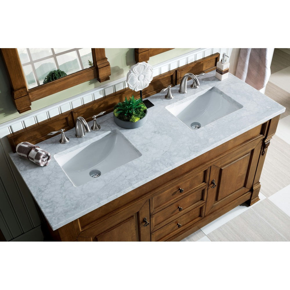 Brookfield 60" Double Vanity, Country Oak w/ 3 CM Carrara Marble Top