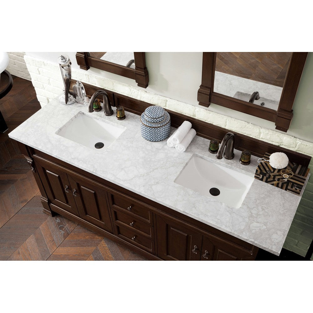Brookfield 72" Double Vanity, Burnished Mahogany w/ 3 CM Carrara Marble Top