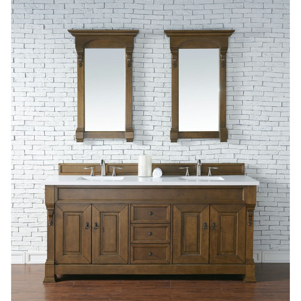 Brookfield 72" Double Vanity, Country Oak w/ 3 CM Classic White Quartz Top