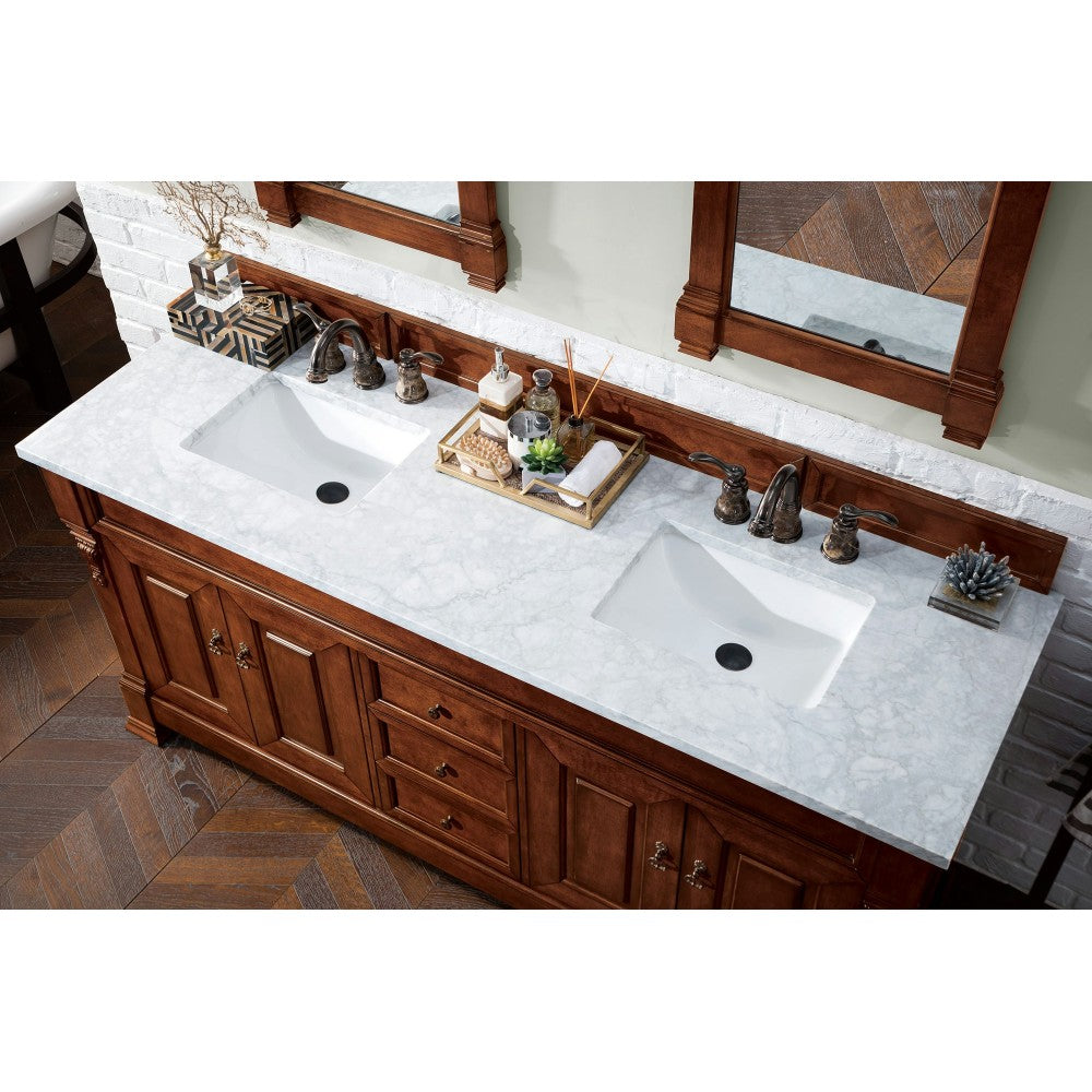 Brookfield 72" Double Vanity, Warm Cherry w/ 3 CM Carrara MarbleTop