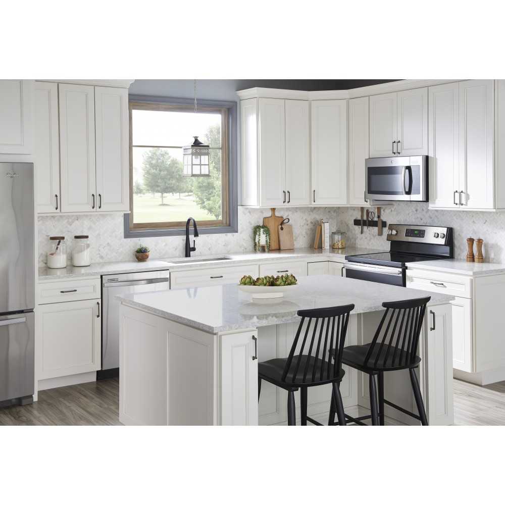 36" White Katara Vanity, left offset, Black Granite Vanity Top, undermount rectangle bowl